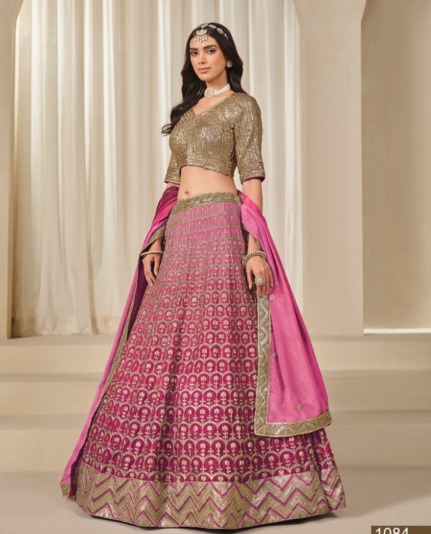 1084-pink - Chinon Trendy Lehenga Choli in Rose Pink with Embroidered Work for Women